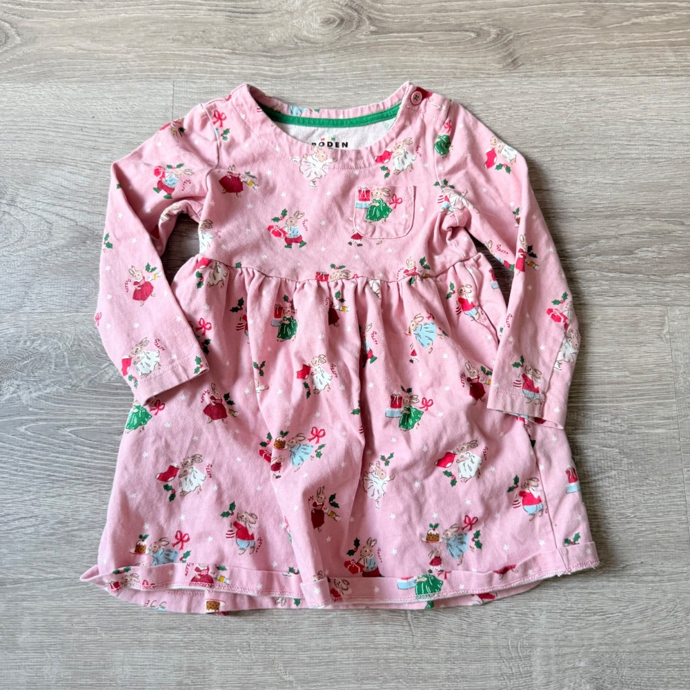 Mini Boden Girls Pink Christmas Bunny Long Sleeve Jersey Dress 2-3Y Holiday